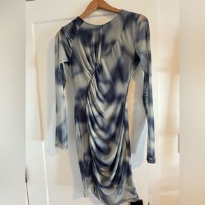 Zara Printed Tulle Dress - Large Ecru / Blue - long sleeve bodycon dress